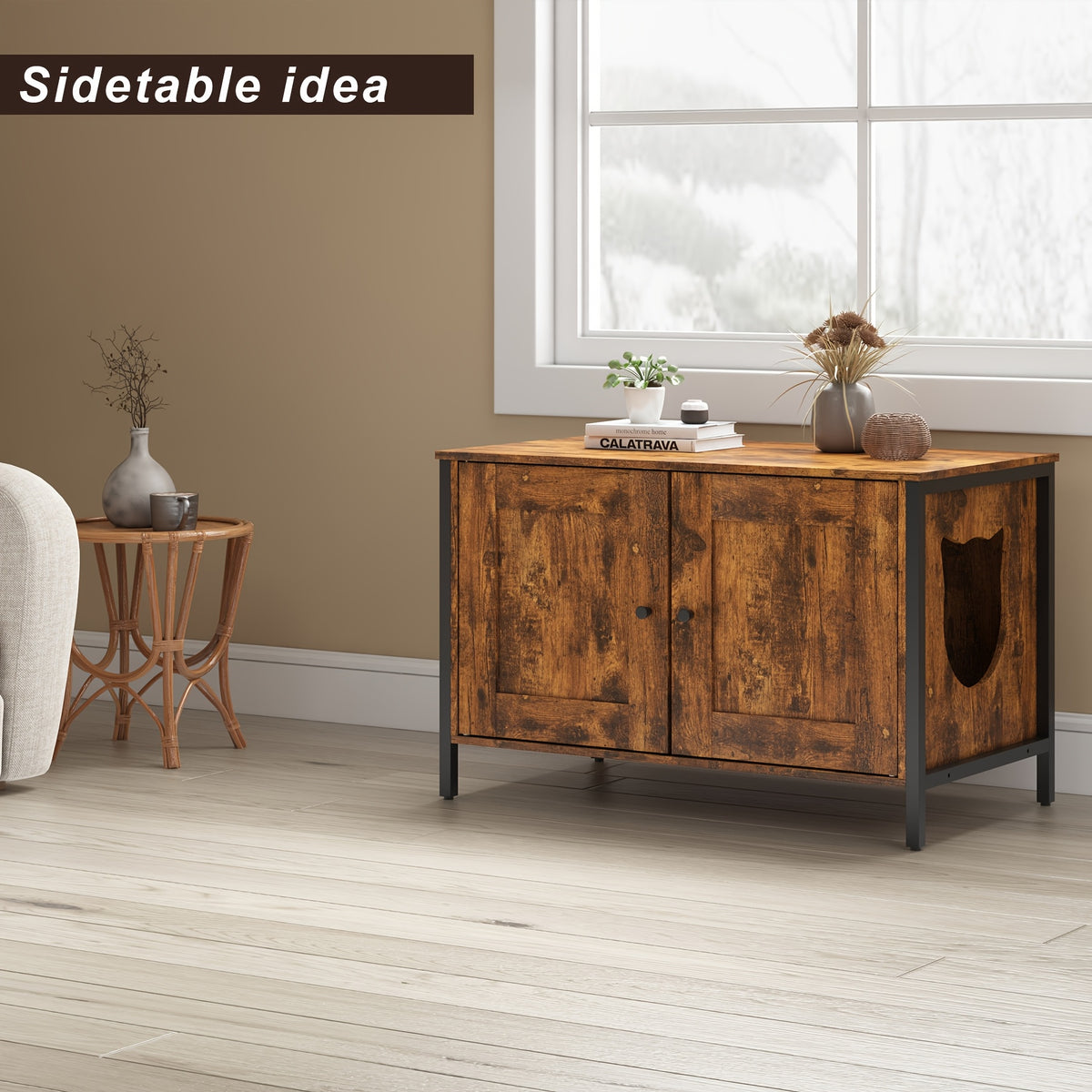 Cat Litter Box Enclosure with Removable Divider, Retro Brown Hidden Litter Furniture and Cat Hideout End Table for Pet Supply Storage