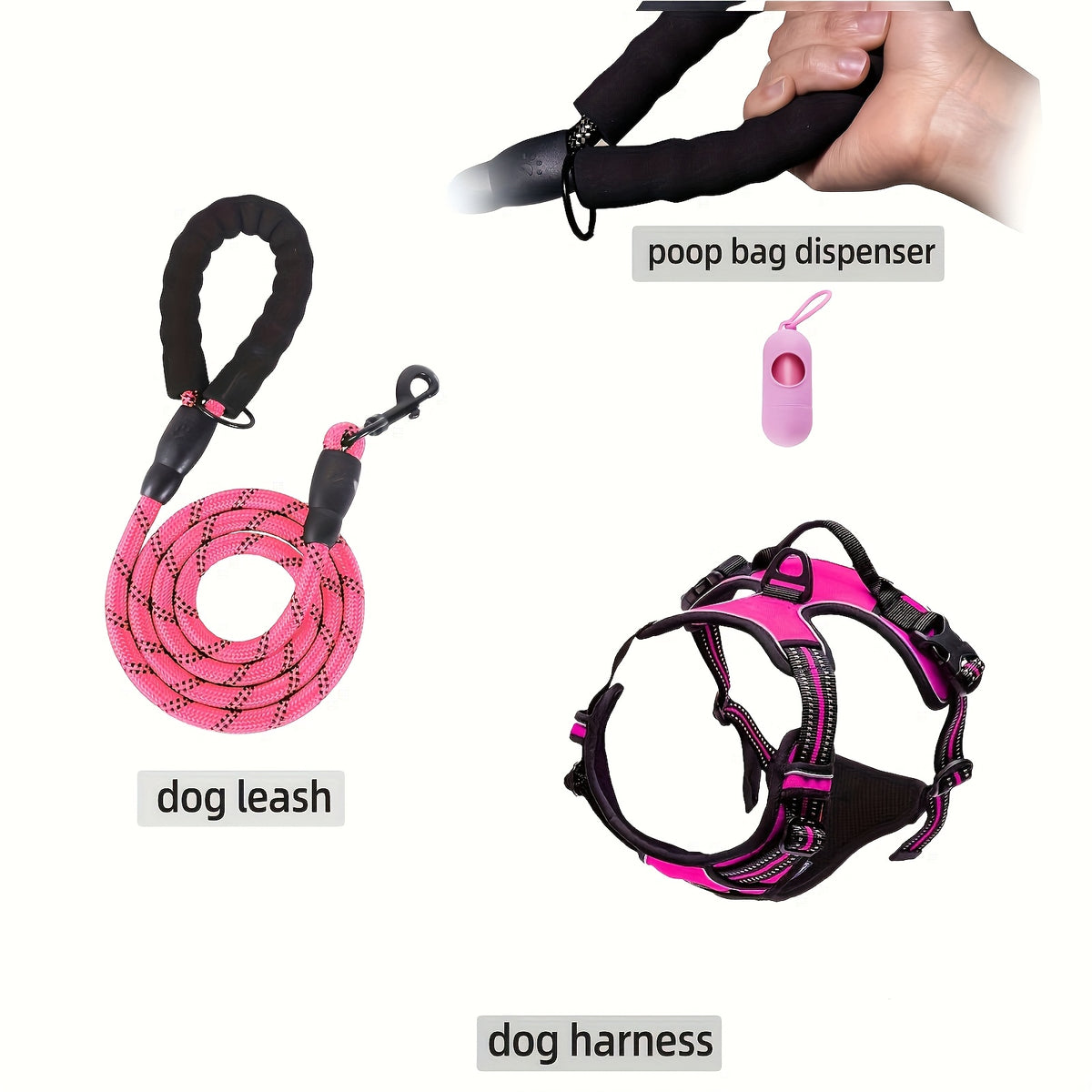 Dog Harness Set 3-in-1 with Reflective Walking Vest, Leash and Poop Bag Holder, Everyday Outdoor Walking Gear in Seven Colors with S to XL Size Options