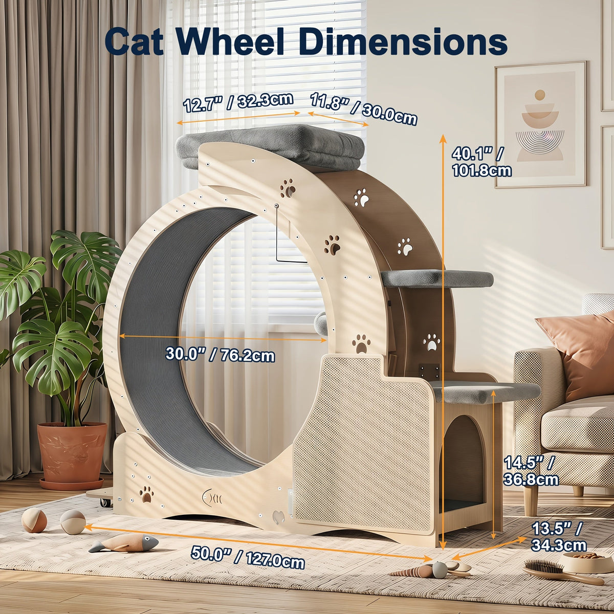 Cat Running Wheel for Indoor Exercise, Quiet Large Cat Treadmill with Stable Base in Wood Color for Daily Activity and Interactive Play