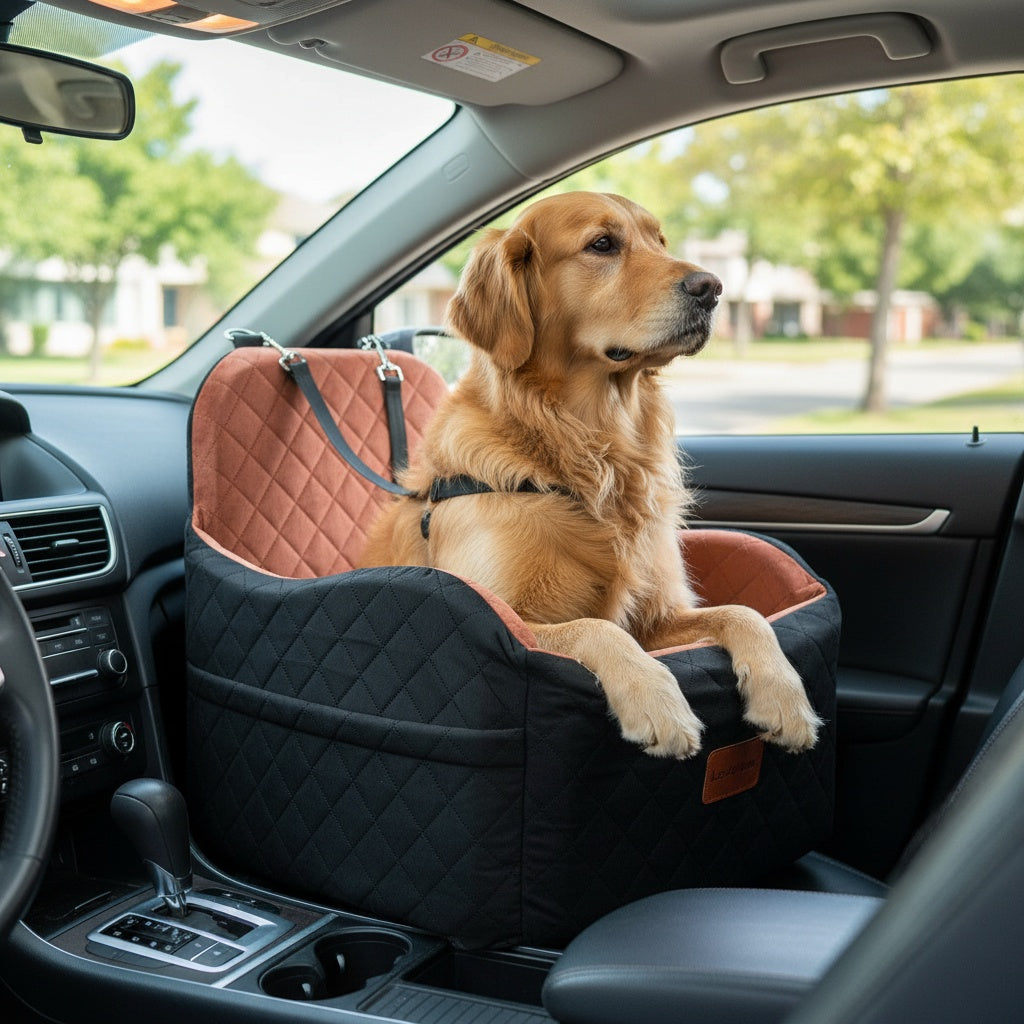 Plush Dog Car Seat with Memory Foam Cushion, Cozy Pet Travel Seat for Dogs and Cats with Side Storage Pockets and 3 Clip-On Leashes