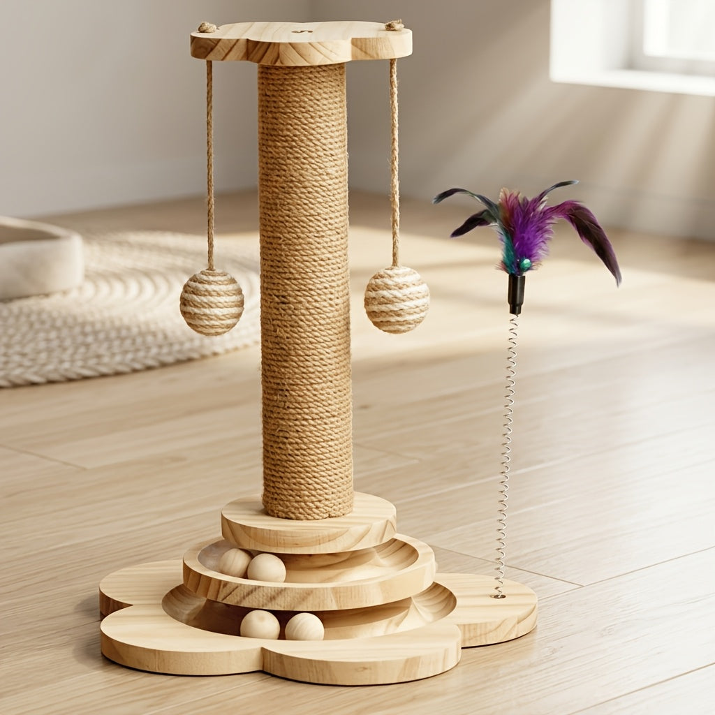 Kitten Scratching Post with Wooden Ball Track, Rope-Wrapped Indoor Cat Activity Toy with Hanging Balls and Feather Teaser, Post and DIY Accessory Options