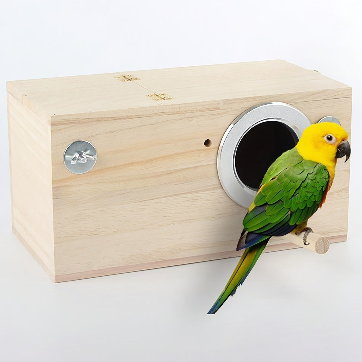 Parakeet Nest Box with Hinged Inspection Lid, Wooden Bird Breeding House with Metal-Rimmed Entrance and Perch, Compact Wood Color Cage Accessory