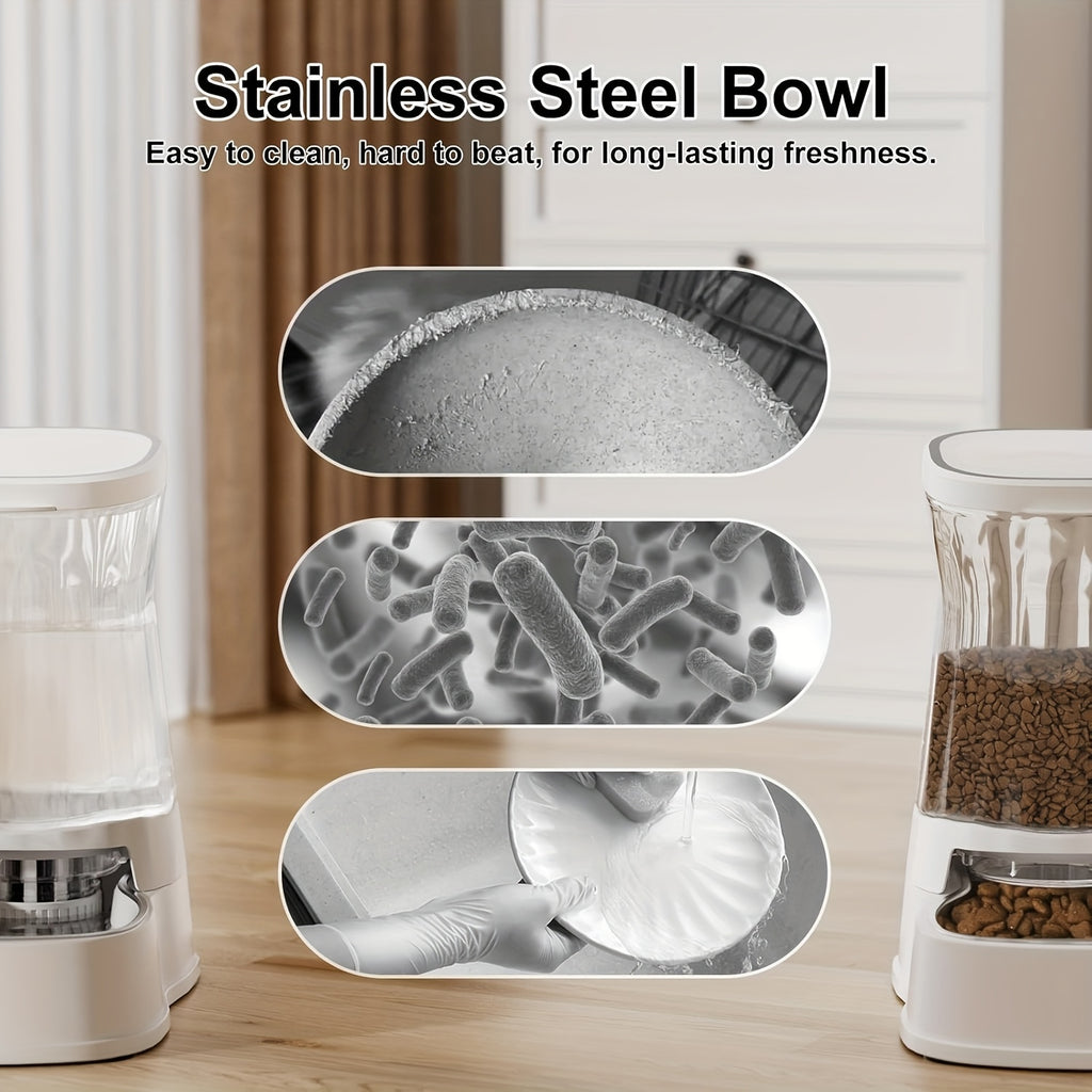 Dog Feeder and Water Dispenser Set, 2 x 1 Gallon Gravity-Fed Containers with Stainless Steel Bowls and Filter for Cats and Small to Medium Dogs