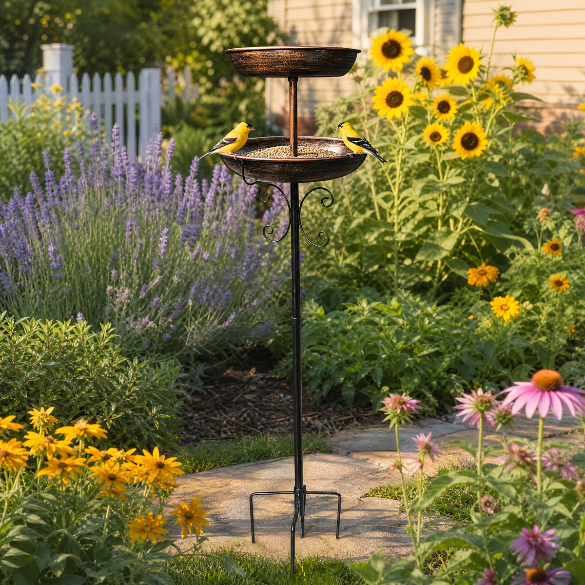 Bird Bath with Removable Metal Basin and Scrollwork Stand, Five-Prong Garden Stake for Outdoor Water or Seed, Single and Double-Layer Options