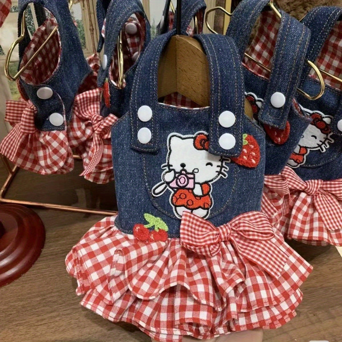 Denim Plaid Dog Dress for Small Dogs and Cats, Red Checkered Bow and Strawberry Appliques, Pleated Pet Party Outfit in XS to XL