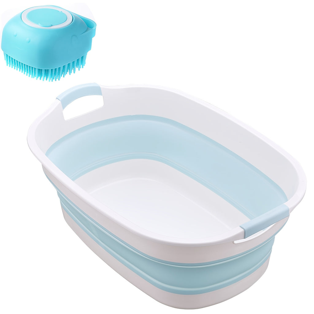 Foldable Dog Bathtub with Drain Plug and Shampoo Dispensing Bath Brush, Portable 21.65-Inch Pet Wash Basin for Small and Medium Pets
