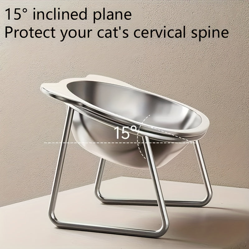 Tilted Cat Bowl with Metal Stand, 304 Stainless Steel Raised Feeding Dish with Cat-Ear Rim and 15 Degree Angle for Everyday Indoor Cat Meals