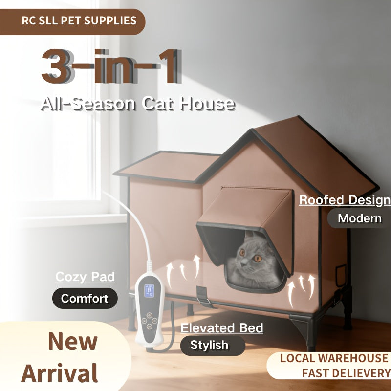 Heated Cat House with Removable Heating Pad and Elevated Bed, Brown 3-in-1 Cat Cave Shelter with Chew-Resistant Power Cord, L or XXL