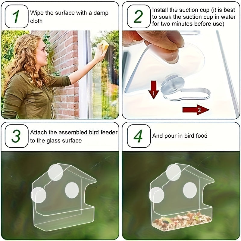 Window Bird Feeder with Removable Tray, Battery-Free Clear Acrylic Suction Cup Feeder for Outdoor Wild Bird Feeding and Close-Up Bird Watching at Home