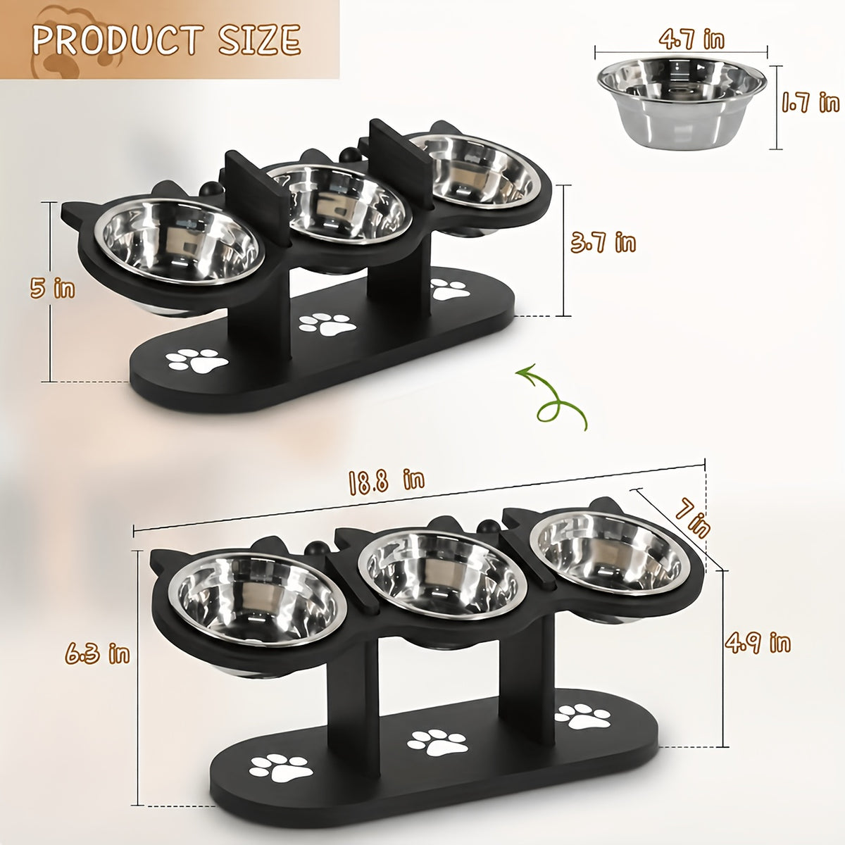 Elevated Cat Bowls with Black Wooden Stand, 15 Degree Tilted Adjustable Feeder with 2 or 3 Stainless Steel Dishes for Cat and Small Dog Food and Water