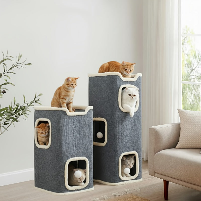 Cat Condo Tower with Foldable Design, Gray Indoor Cat Hideaway with Top Lounge, Detachable Panels and Scratching Surface, DC 13IN or 23IN-M Options