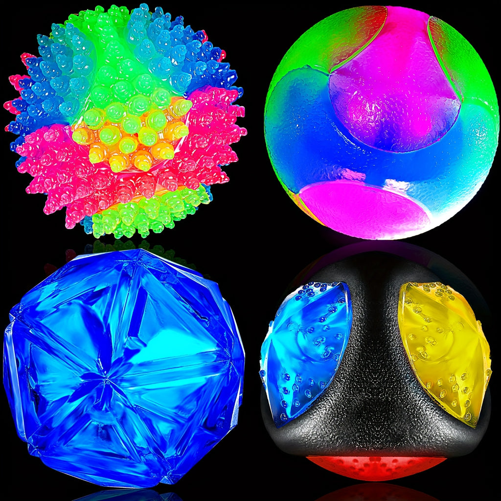 Light Up Dog Balls 4 Pack, Bounce-Activated Flashing LED Squeaky Toys with Spiny and Textured Designs for Supervised Fetch and Puppy Play