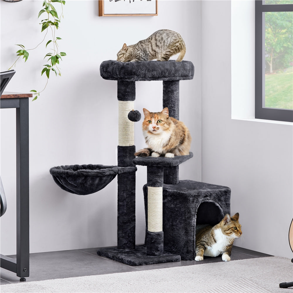 Cat Tree 34.5 Inch with Condo and Basket, Plush Indoor Cat Tower with Nest, Platform, Three Sisal Scratching Posts and Scratching Board in Five Colors