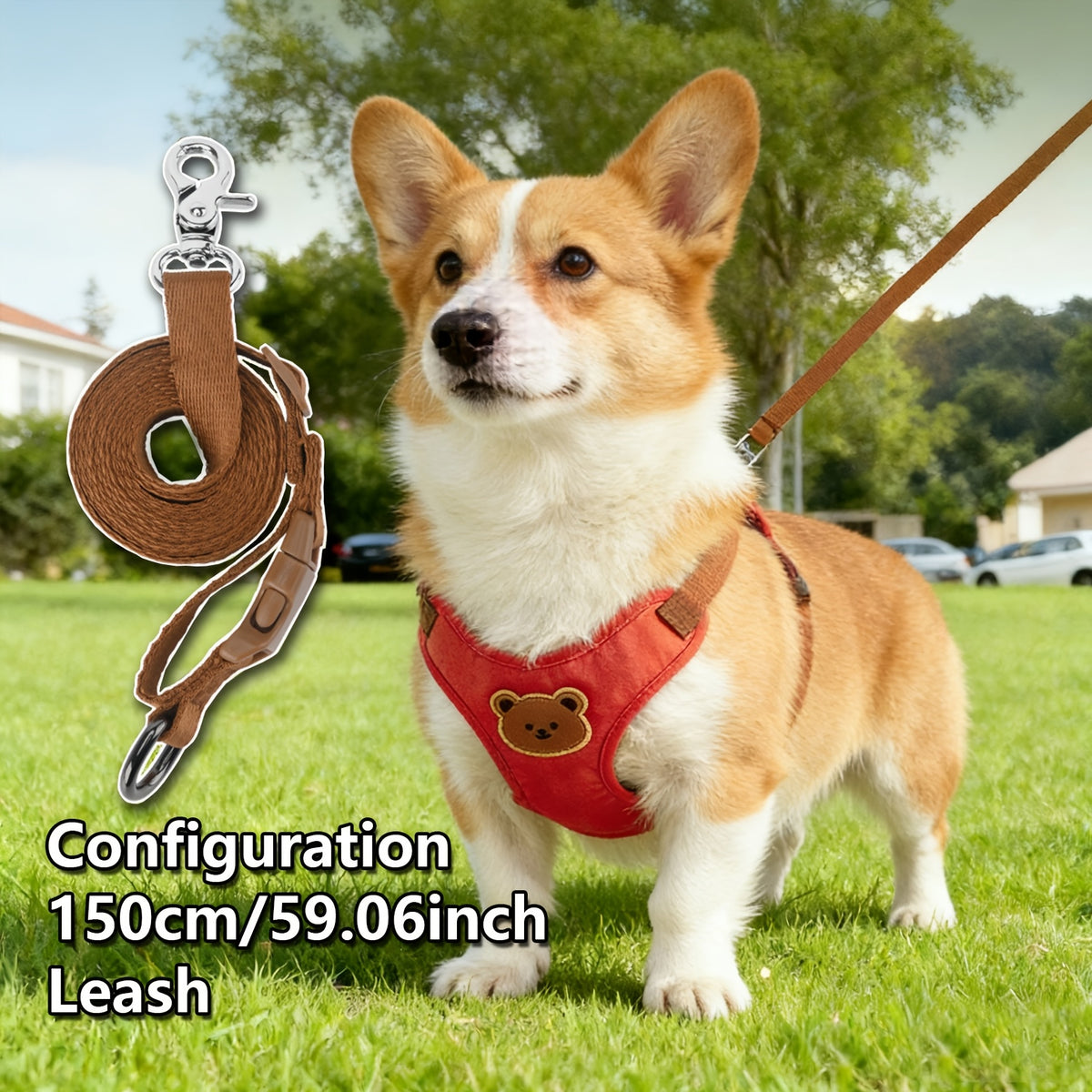 Bear Dog Harness and Leash Set with Cartoon Vest Design, 59-Inch Walking Lead, Green, Khaki or Orange Colors and S or L Sizes