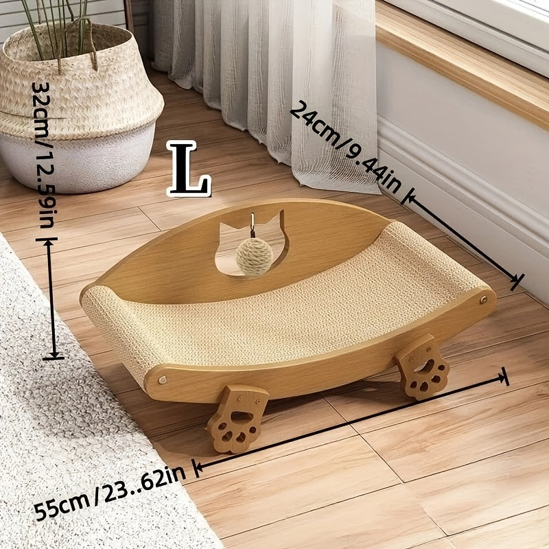 Cat Scratching Lounge with Hanging Ball Toy, Natural Sisal Pad and Solid Wood Curved Chair for Indoor Cats to Scratch, Stretch, Rest and Play