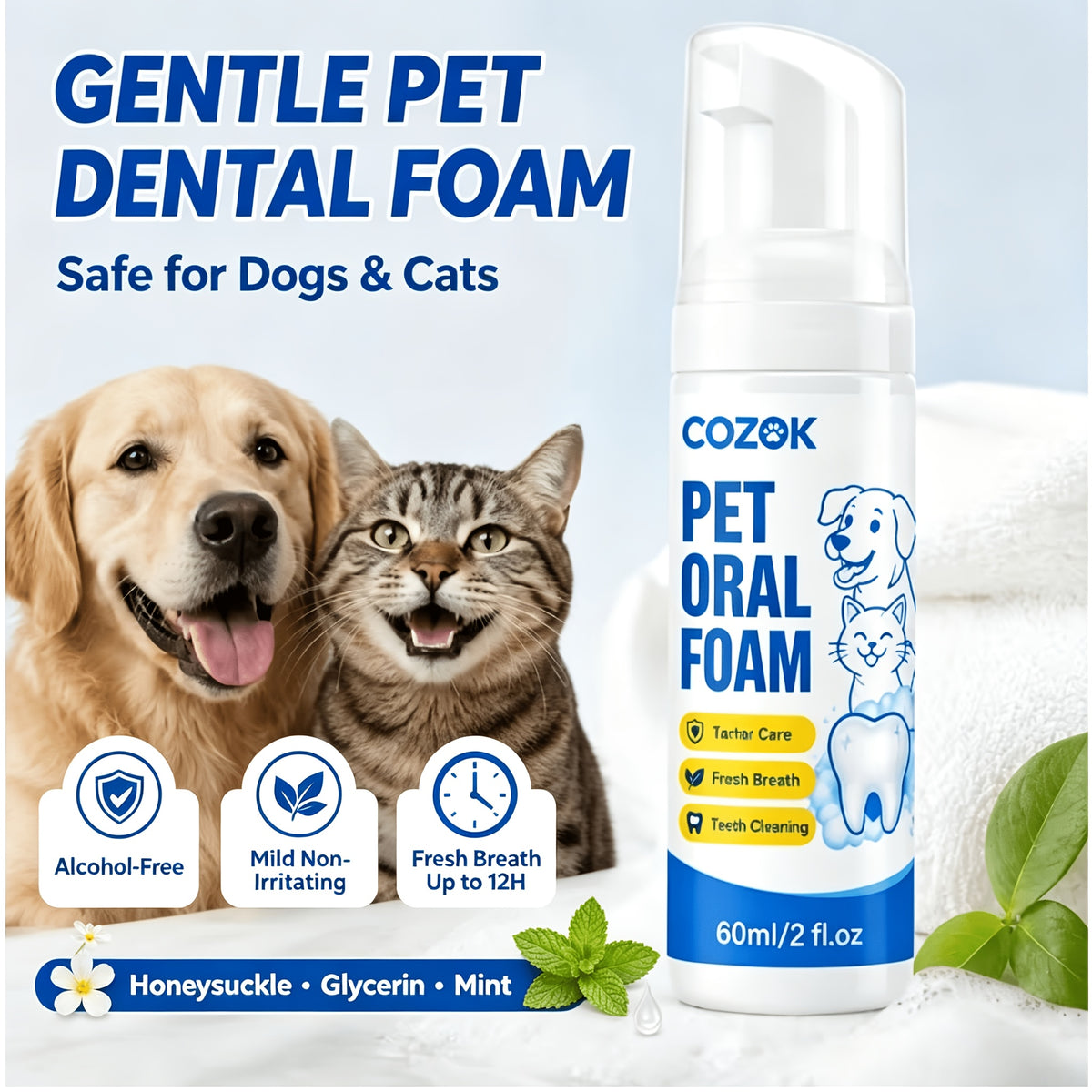 Pet Dental Foam for Dogs and Cats, Honeysuckle, Glycerin and Mint Oral Care Formula for Owner-Managed Teeth Cleaning and Fresh Breath Routines, 1 Piece