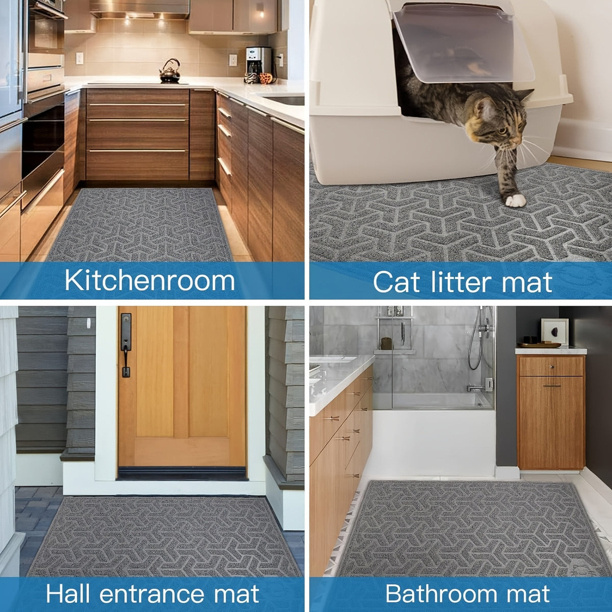 Cat Litter Mat with Soft PVC Surface, Large 46 x 35 Inch Litter Trapping Floor Mat with Non-Slip Backing for Scatter Control, Gray or Blue
