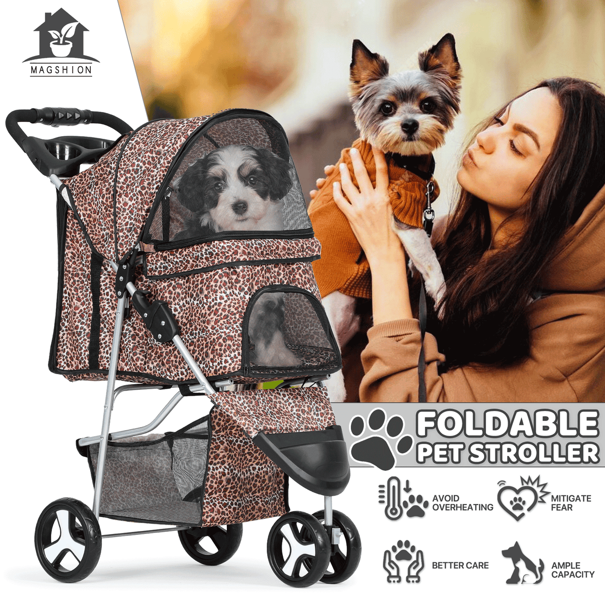 Pet Stroller with Storage Basket and Cup Holder, Magshion Three-Wheel Foldable Pushchair for Small and Medium Dogs and Cats, 14 Color and Pattern Options