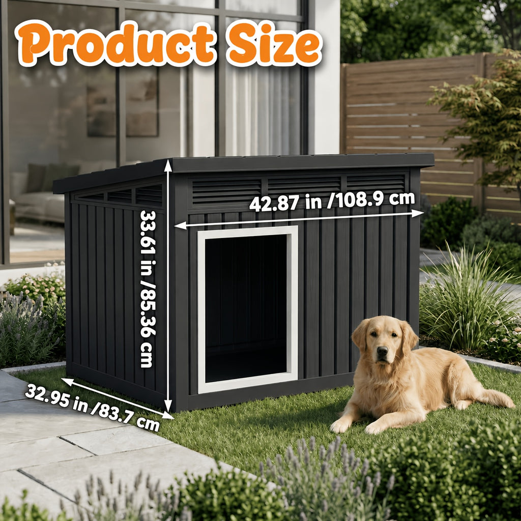 Ventilated Dog House with Slanted Roof, Black or Grey Indoor Outdoor Pet Shelter with Listed Waterproof and UV-Resistant Features for Large Dogs