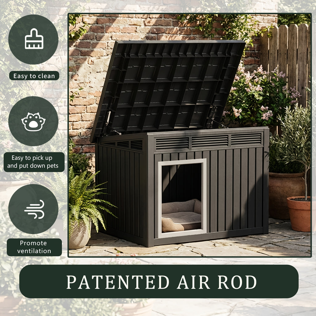 Resin Dog House 33 Inch with Slanted Roof and Ventilation Openings, UV-Resistant Outdoor Pet Shelter in Black or Grey for Backyard Rest
