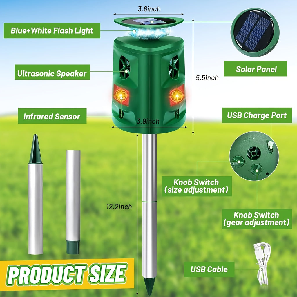 Solar-Powered Ultrasonic Outdoor Animal Sensor with 360° Motion Detection & LED Flashing Lights, Animal Activity Sensing Device for Yards, Farms, Chicken Coops, Homes, Villas & Barns, Dark Green