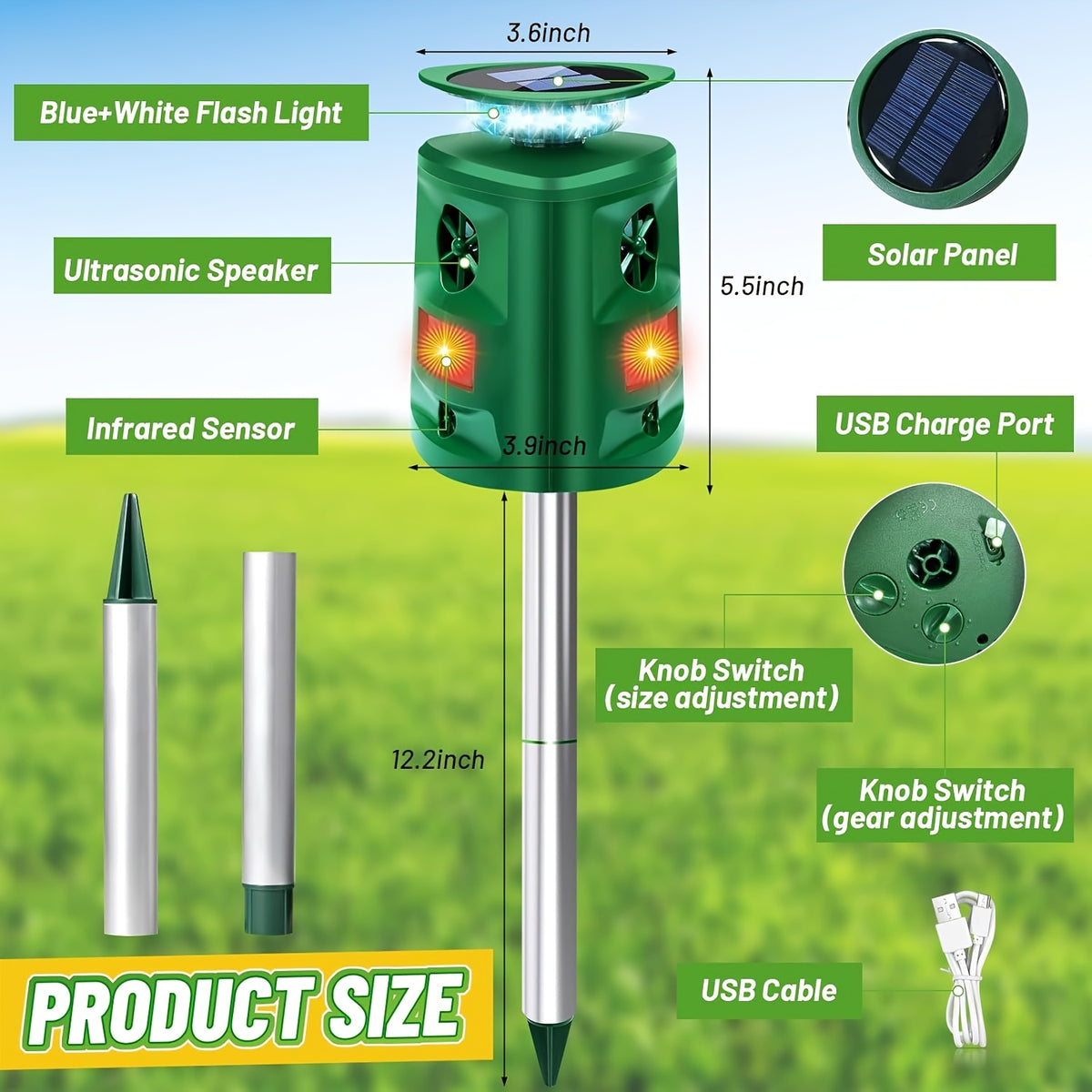 Solar-Powered Ultrasonic Outdoor Animal Sensor with 360° Motion Detection & LED Flashing Lights, Animal Activity Sensing Device for Yards, Farms, Chicken Coops, Homes, Villas & Barns, Dark Green