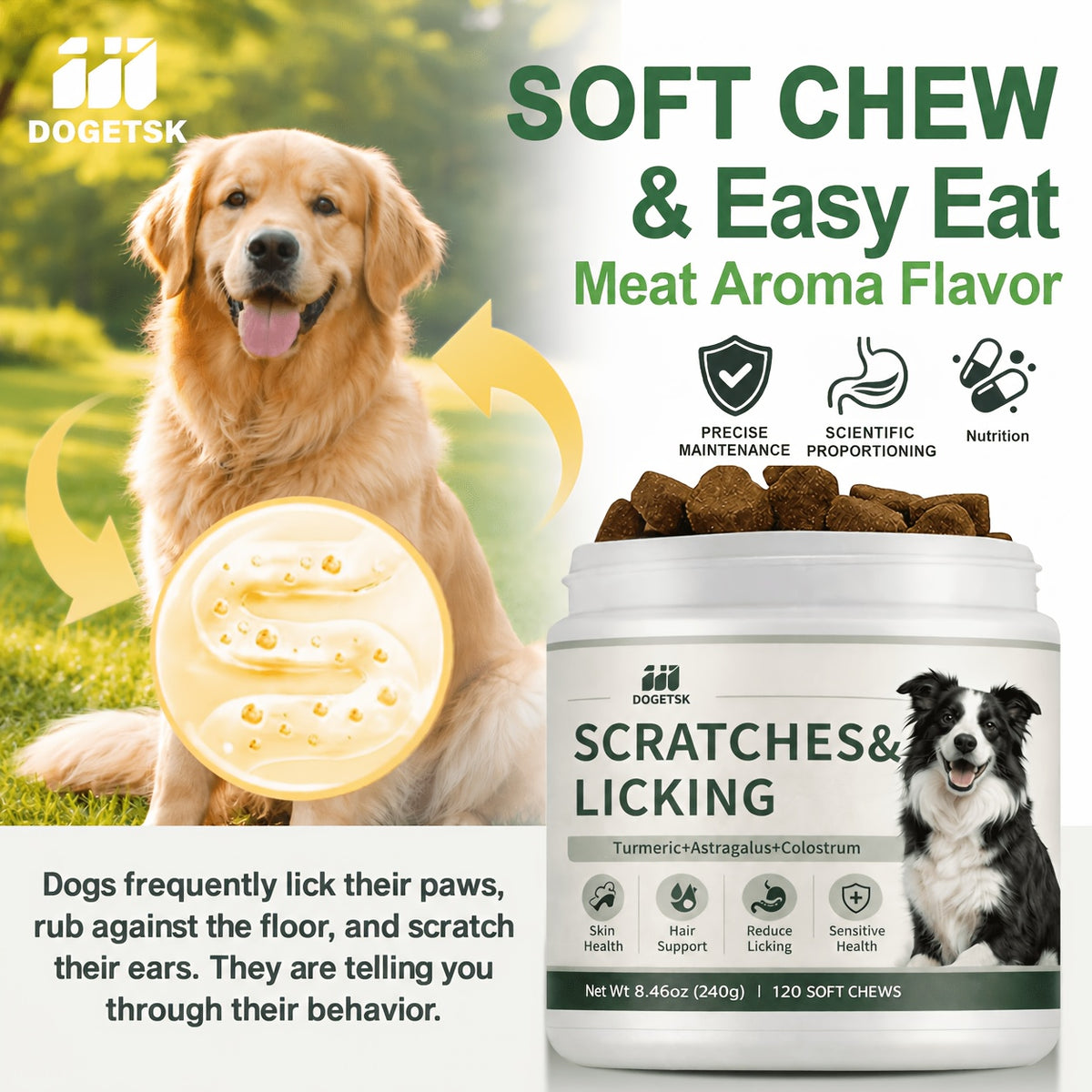 Omega 3 Chewable Tablets for Dogs, Chicken Flavor Canine Supplement with Listed Probiotics and Omega Fatty Acids for Skin and Coat Care Routines