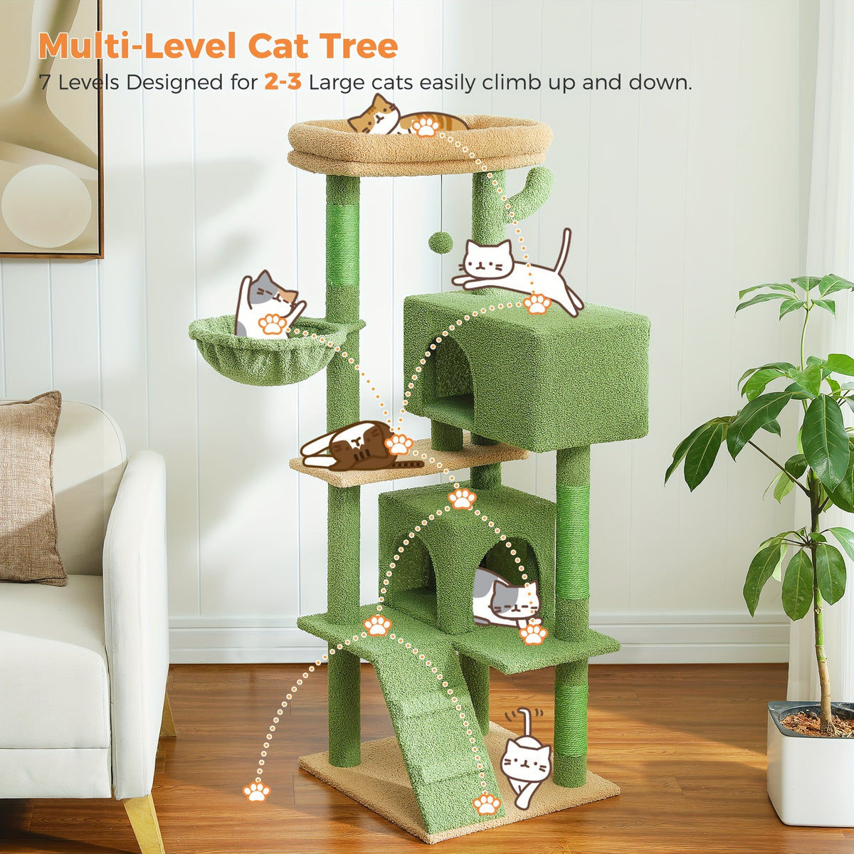 Cat Tree with Oversized Top Perch, 56.3 Inch Multi-Level Indoor Cat Tower with Hammock, Two Condo Hideaways and Scratching Posts, Five Colors
