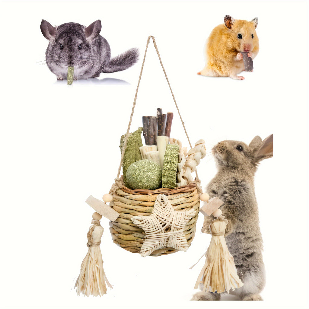 Rabbit Chew Toys Basket for Bunnies and Hamsters, Assorted Chewable Small Pet Enrichment Toys in Classic Style for Supervised Indoor Play