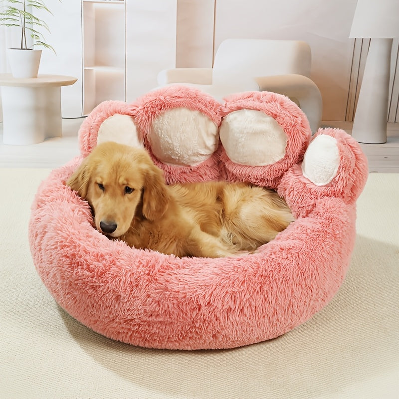 Bear Paw Pet Sofa Bed for Dogs and Cats, Soft Faux Plush Sleeping Nest with Raised Edges in Pink, Grey or Hazelnut, Four Sizes from 55 to 85 cm