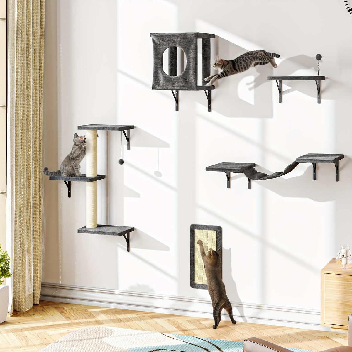 5-Piece Cat Wall Shelves Set with House, Bridge Hammock, Scratching Post and Pad, Wall-Mounted Indoor Climbing Furniture in Grey or Beige