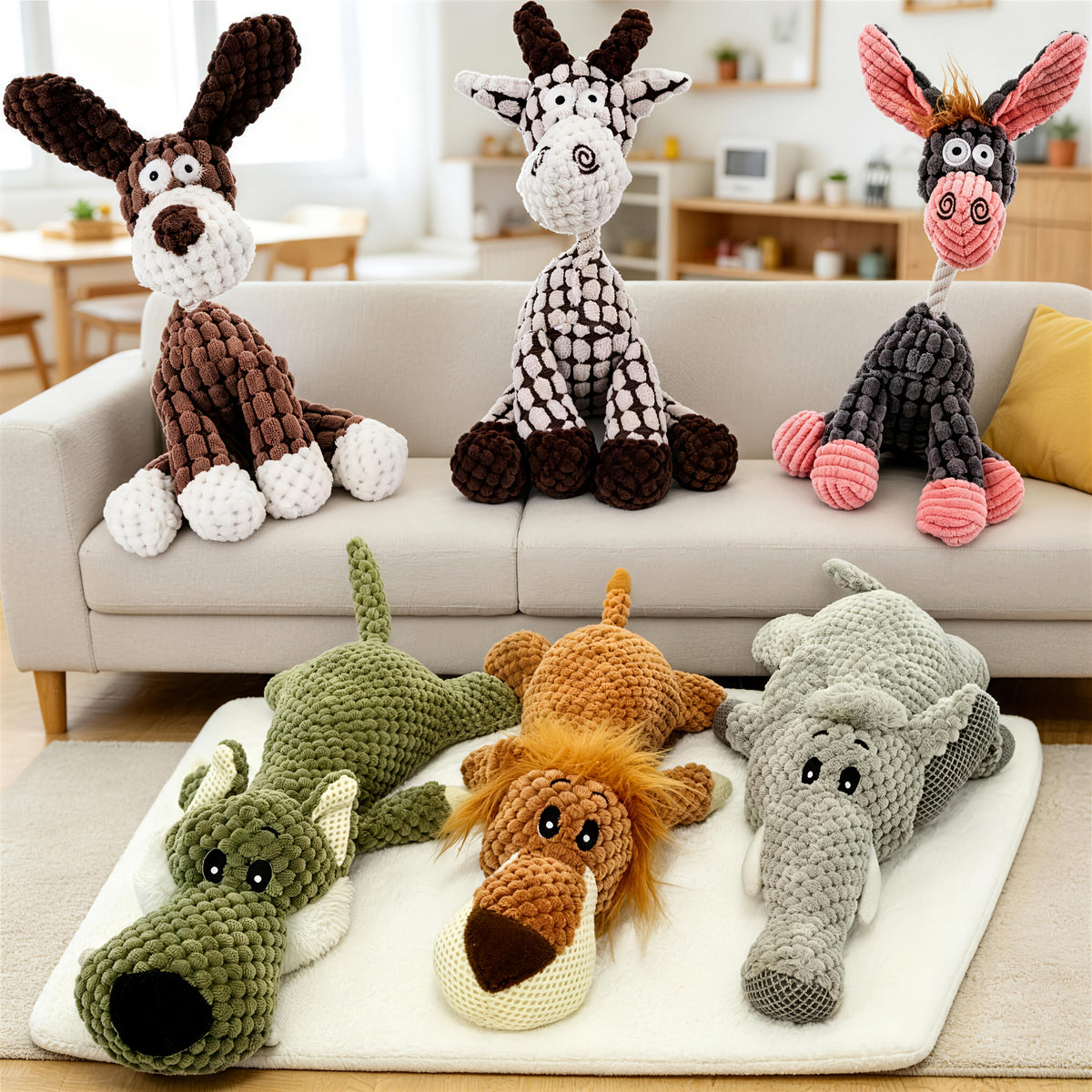 Plush Squeaky Dog Toys 6 Pack, Cute Animal Chew Toy Set with Corduroy Texture, Crocodile, Lion, Elephant, Dog, Donkey and Giraffe Shapes for Small and Medium Dogs