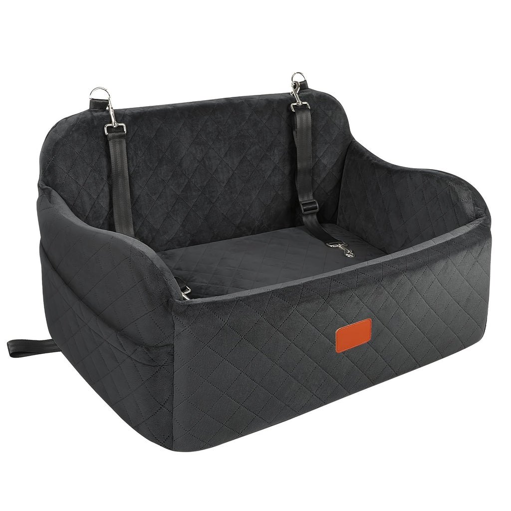 Memory Foam Dog Car Seat with 26 x 15 Inch Interior, Washable Travel Bed with Non-Slip Bottom, Headrest Strap and Tether for Medium Dogs