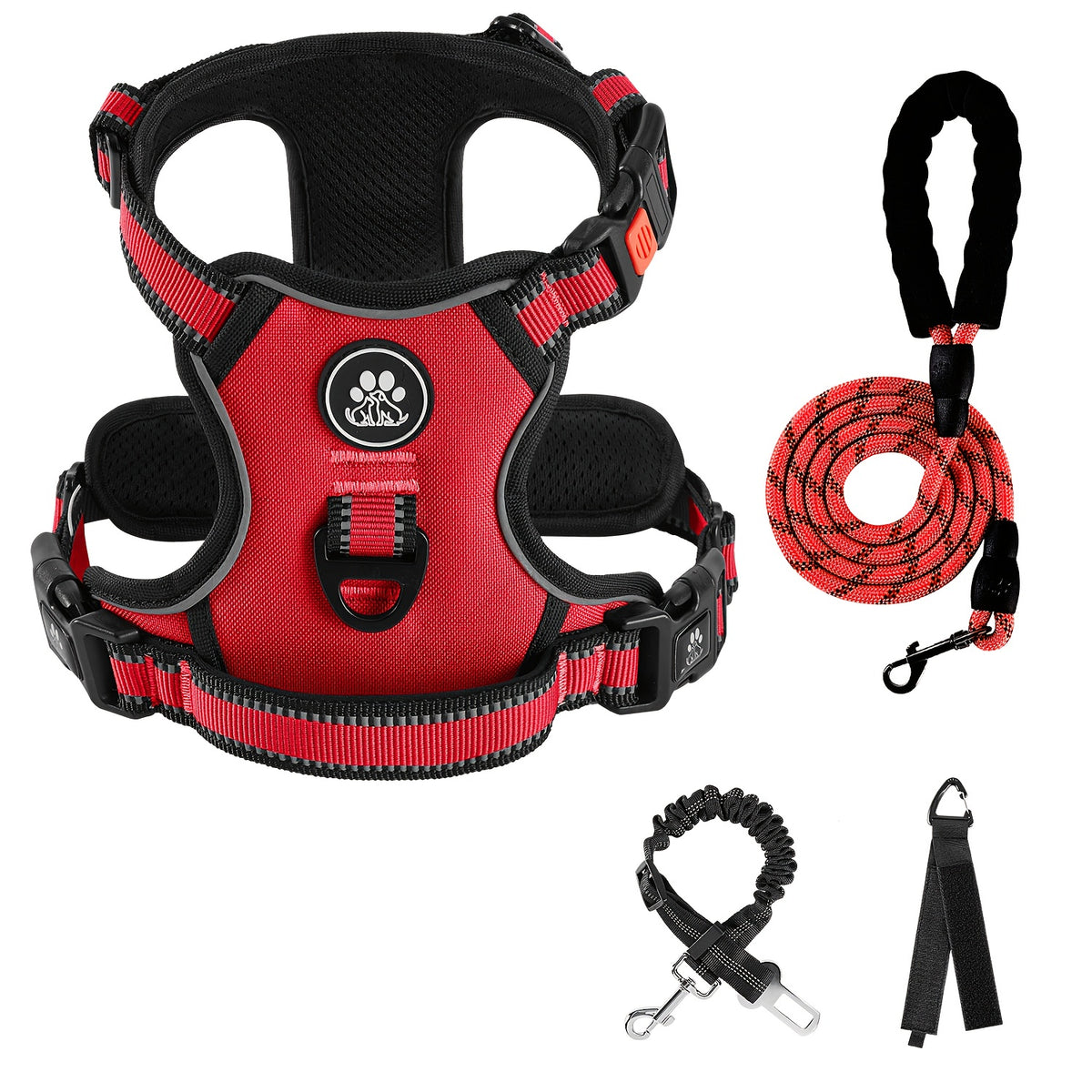 No Pull Dog Harness Set with Three-Buckle Open-Neck Design, Reflective Adjustable Vest, Padded Handle, Leash and Seat Belt, XS-XL