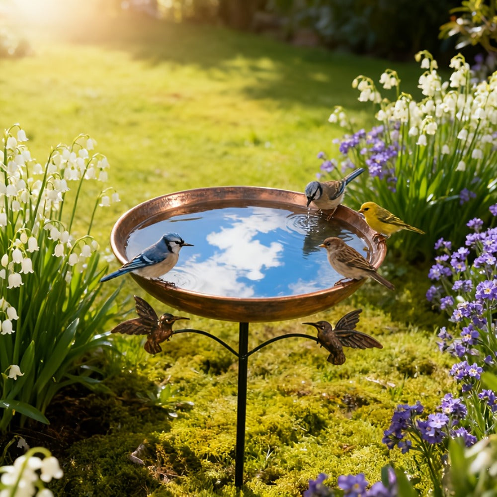 Standing Metal Bird Bath in Copper Tone with Bird Accent, Vintage Bowl-Shaped Outdoor Water Basin for Garden, Yard, Patio and Lawn Decor