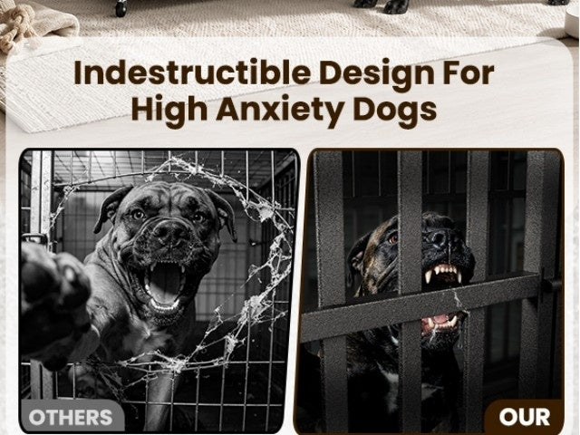 Heavy Duty Dog Crate with Top Opening, Black Steel Kennel in 42 or 48 Inch Models with Front Door, Lockable Wheels and Removable Cleaning Tray