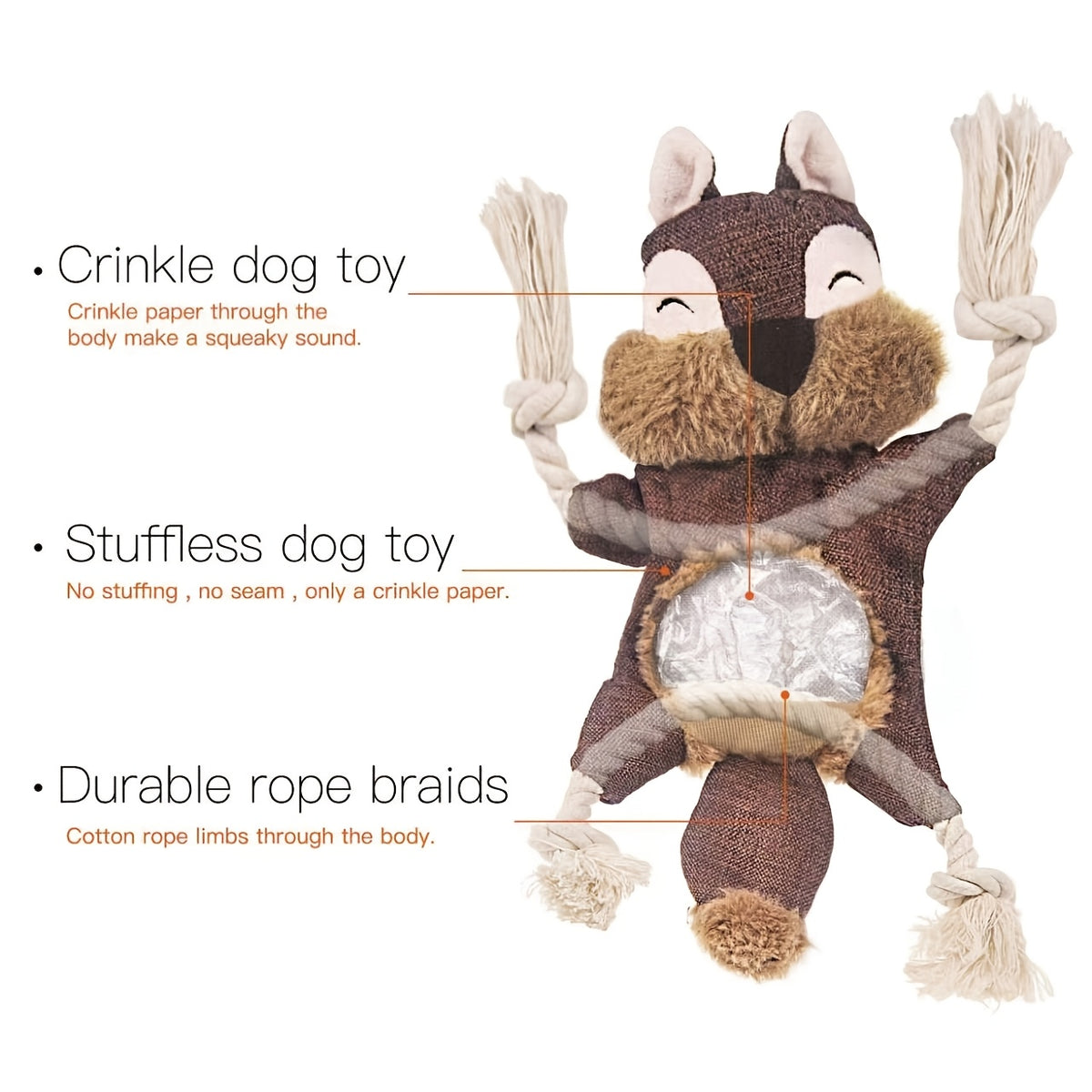 Squeaky Crinkle Dog Toys, No-Stuffing Plush Animal Toys in Brown Squirrel Single or 5-Pack Options for Supervised Puppy Fetch and Indoor Play