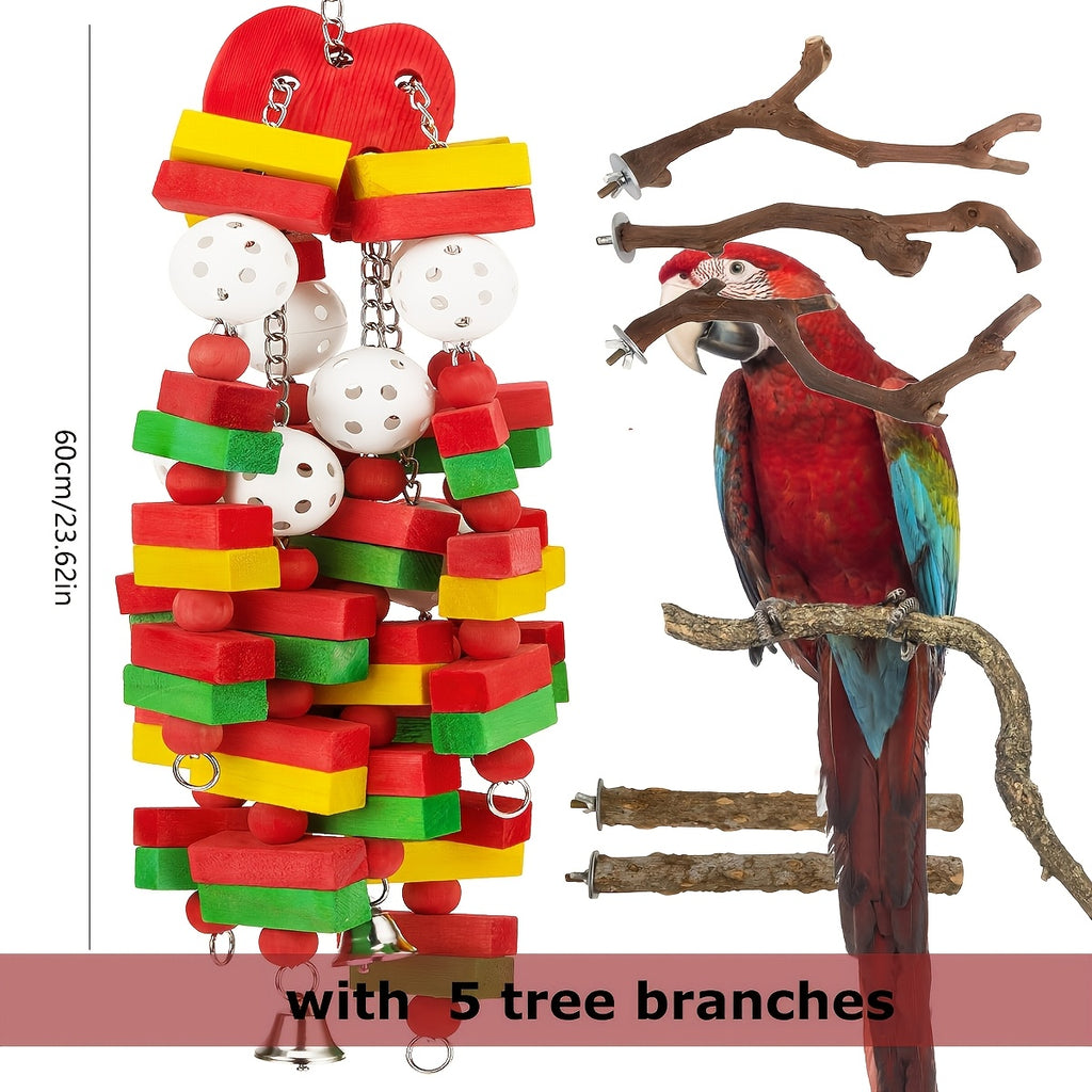 Parrot Toys with Colorful Wood Chew Designs, 12 Selectable Bird Cage Accessory Styles Including Apple, Banana, Coconut and Block Options for Enrichment