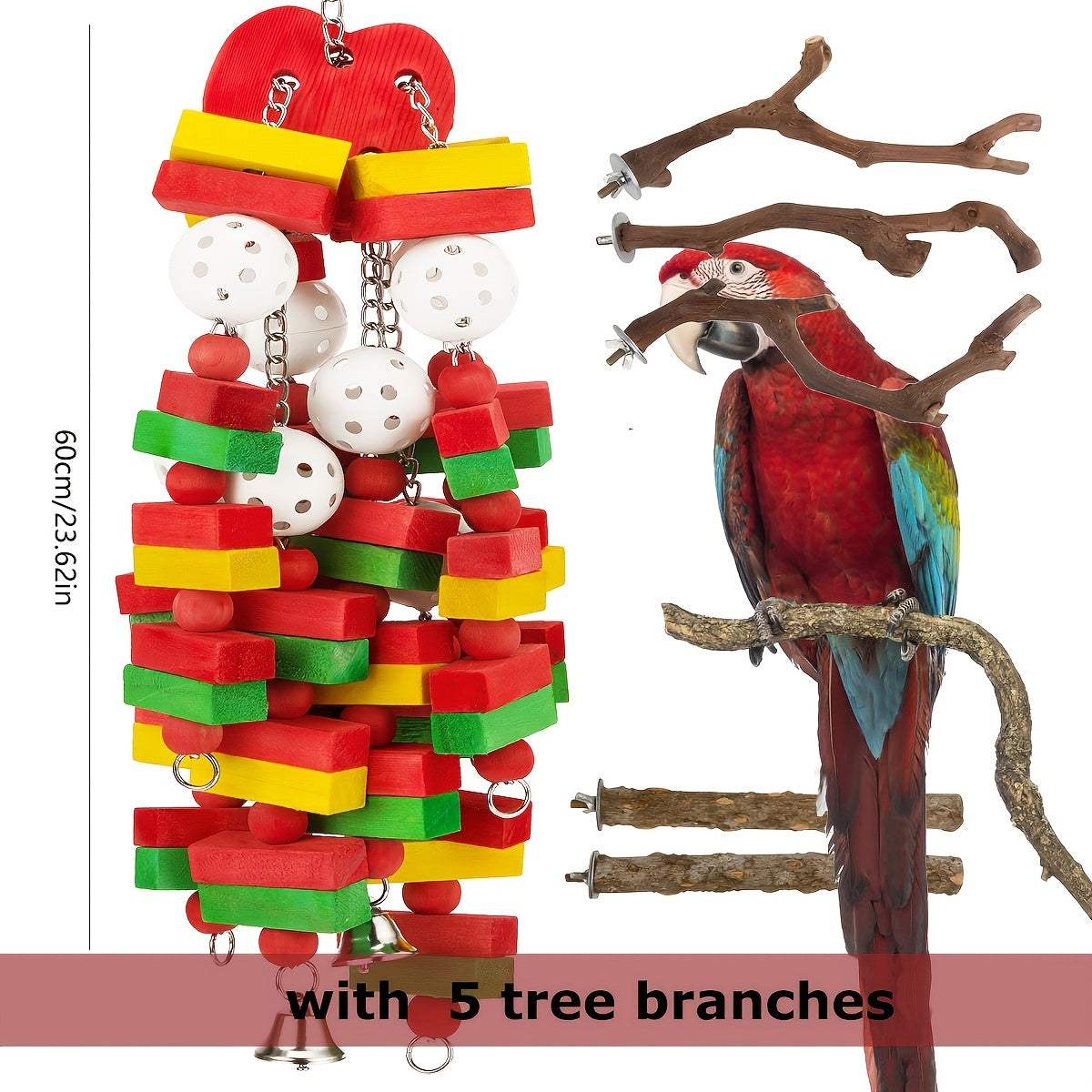 Parrot Toys with Colorful Wood Chew Designs, 12 Selectable Bird Cage Accessory Styles Including Apple, Banana, Coconut and Block Options for Enrichment