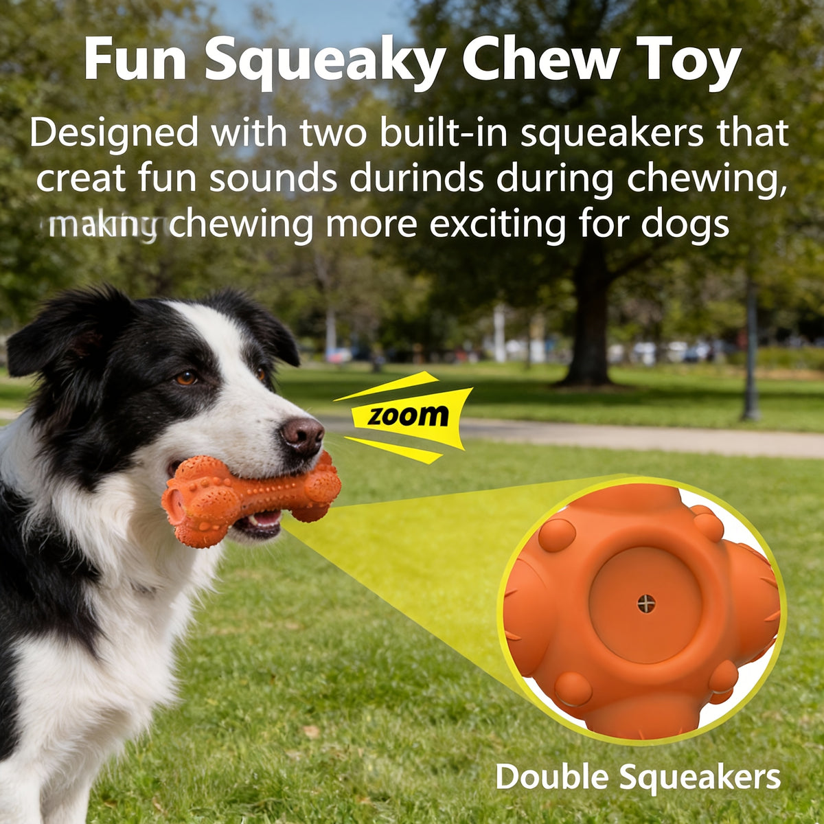 Rubber Dog Chew Bone with Dual Squeakers, Textured Natural Rubber Toy with Beef Scent for Medium and Large Dogs, Interactive Fetch and Supervised Play