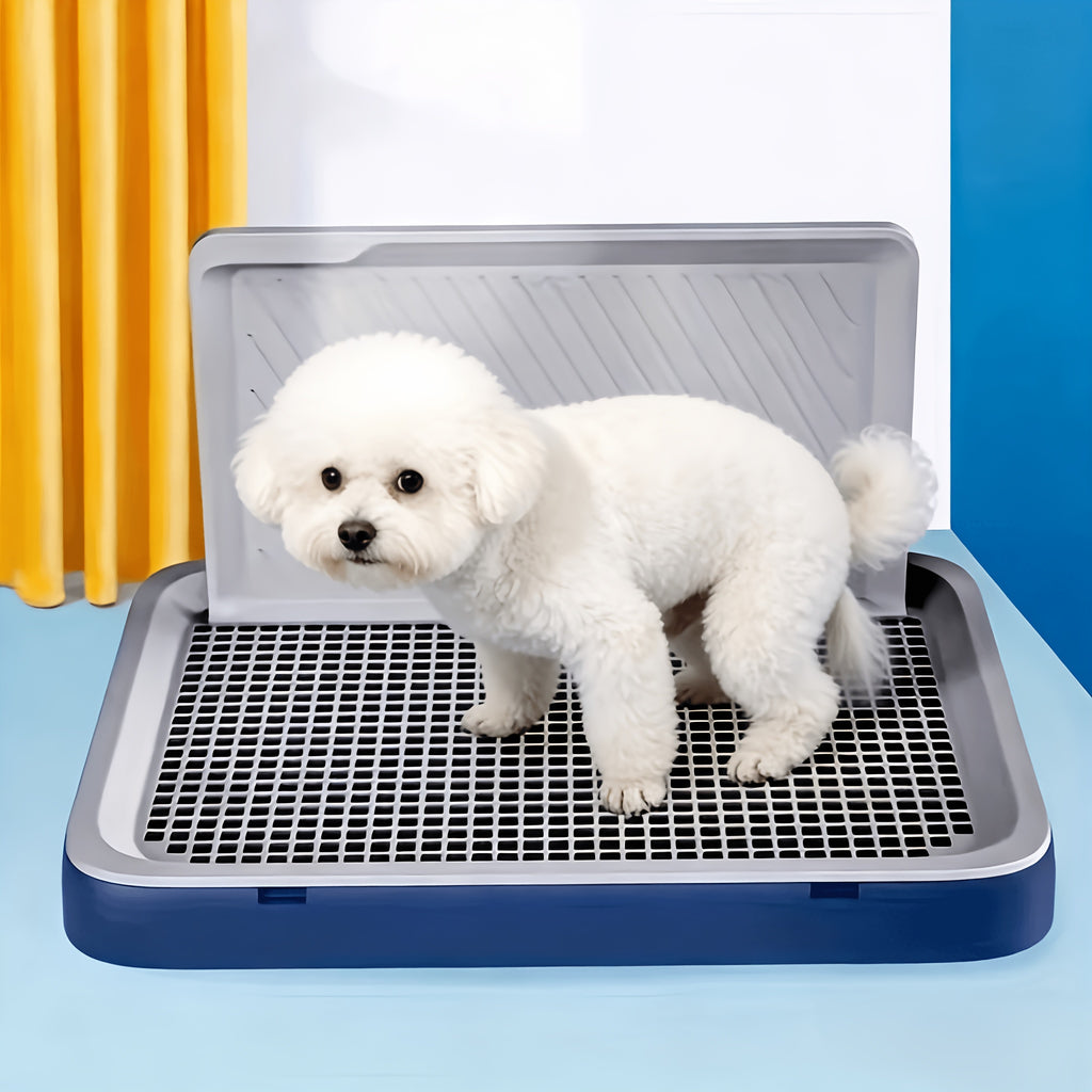 Dog Potty Tray with Tall Splash Guard, 20 x 15.4 Inch Navy Blue Indoor Puppy Toilet with Removable Grate for Small Dog House Training