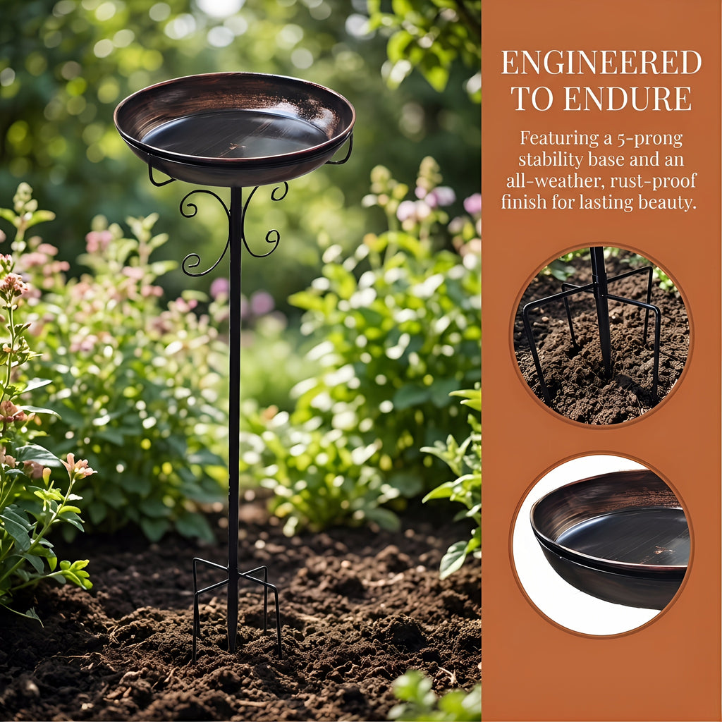 Bird Bath with Removable Metal Basin and Scrollwork Stand, Five-Prong Garden Stake for Outdoor Water or Seed, Single and Double-Layer Options