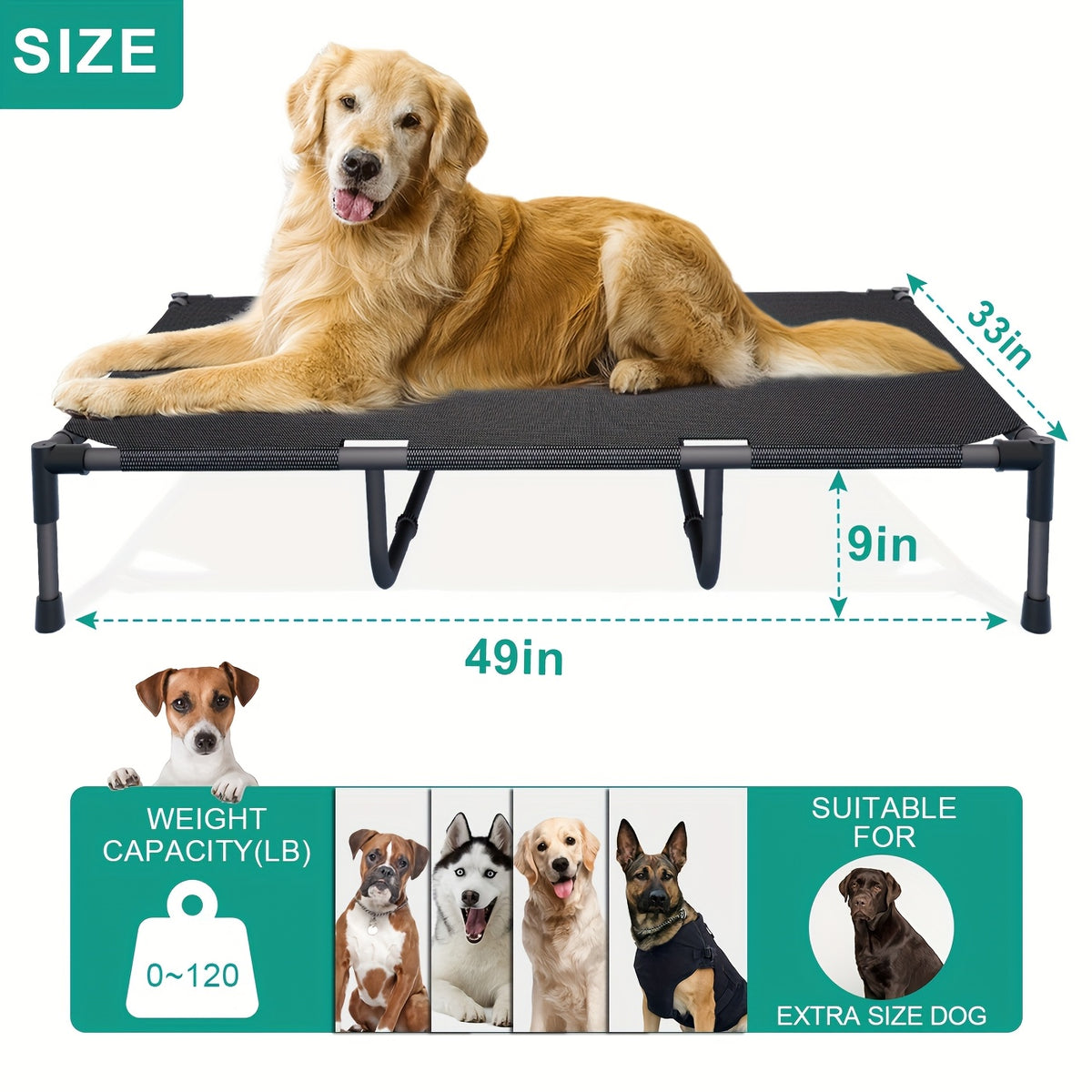 Elevated Dog Bed for Large Dogs, Cooling Outdoor Dog Cot with Breathable Mesh, Tool-Free Assembly Washable Raised Pet Bed with Anti-Slip Feet for Indoor and Outdoor Use, Portable Camping Cot for Summer