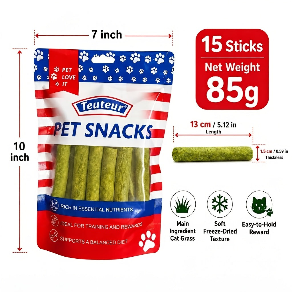 Cat Grass Treat Sticks, Freeze-Dried Chew Snacks in 15 or 30 Piece Packs for Supervised Cat Treat Breaks, Everyday Rewards and Gift Baskets