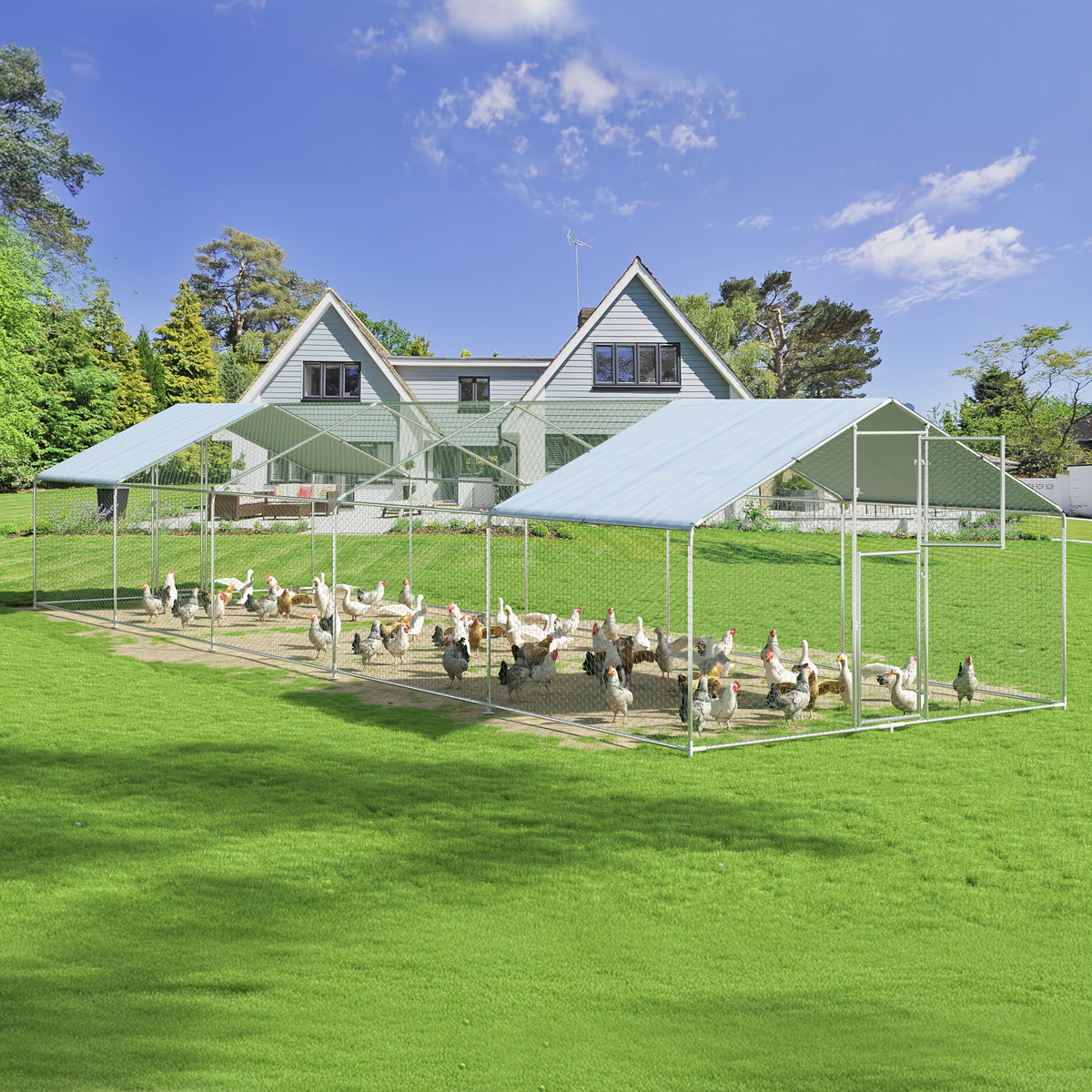 Outdoor Chicken Coop with Double Doors and UV Protection Cover, Large Metal Walk-In Poultry Run for Backyard Hens, Five Size Options