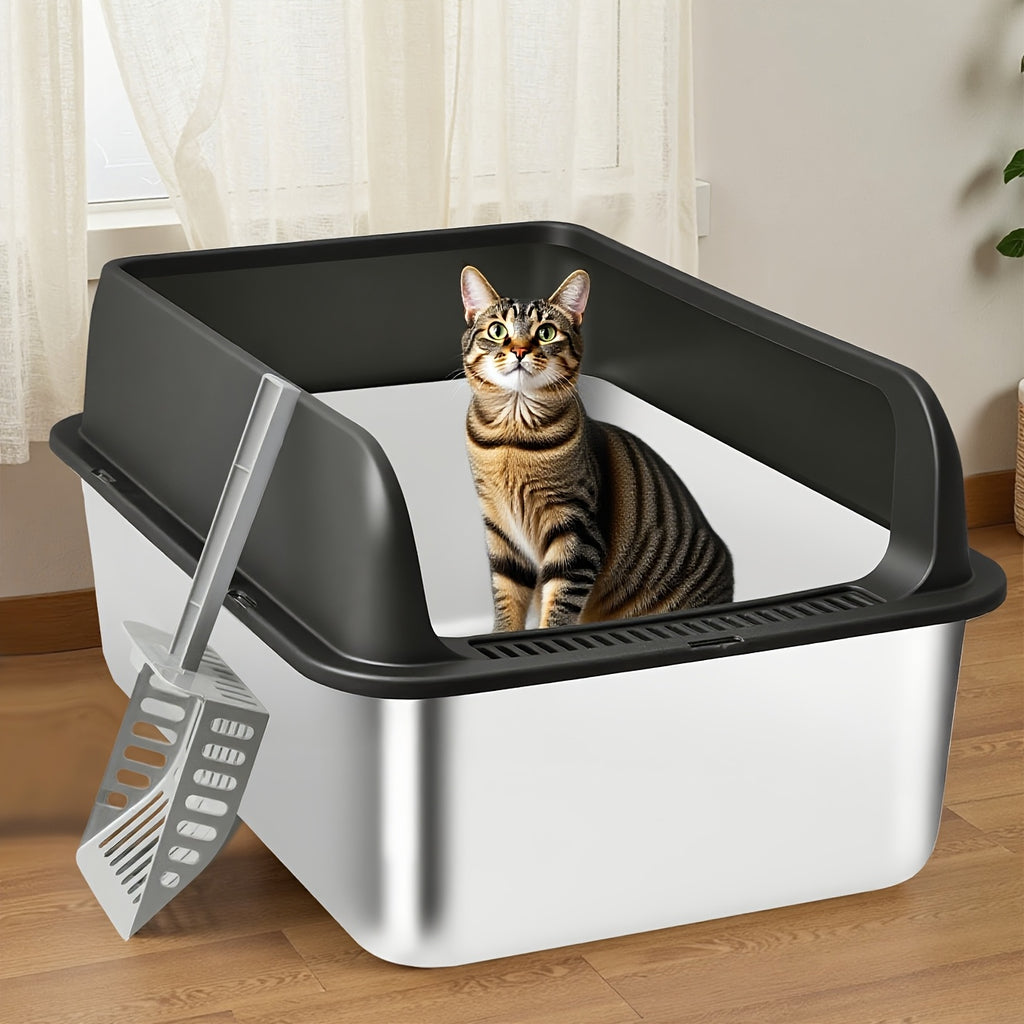 Stainless Steel Sifting Litter Box with High Sides and Buckle-Secured Lid, Pellet Cat Litter Pan with Scoop and Anti-Slip Stickers for Indoor Cats