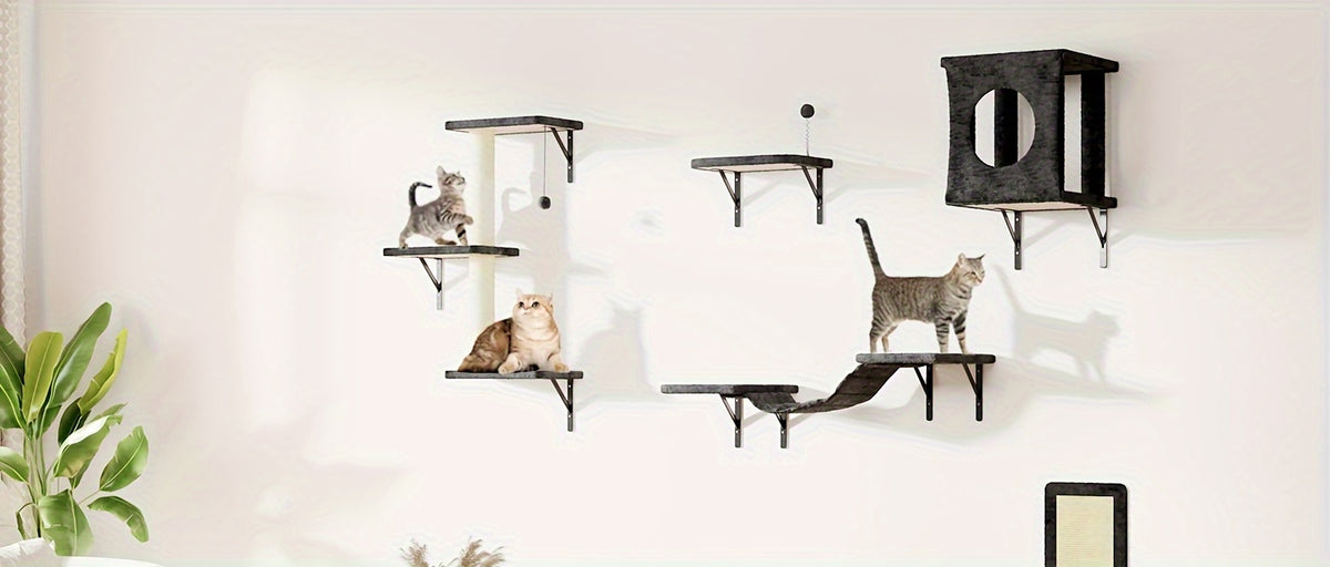 5-Piece Cat Wall Shelves Set with House, Bridge Hammock, Scratching Post and Pad, Wall-Mounted Indoor Climbing Furniture in Grey or Beige