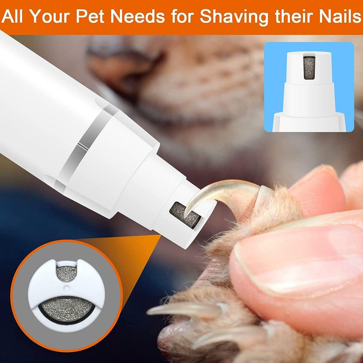 Dog Paw Trimmer and Nail Grinder Set, Rechargeable Cordless Low-Noise Pet Hair Clippers with Interchangeable Heads for Cats and Dogs