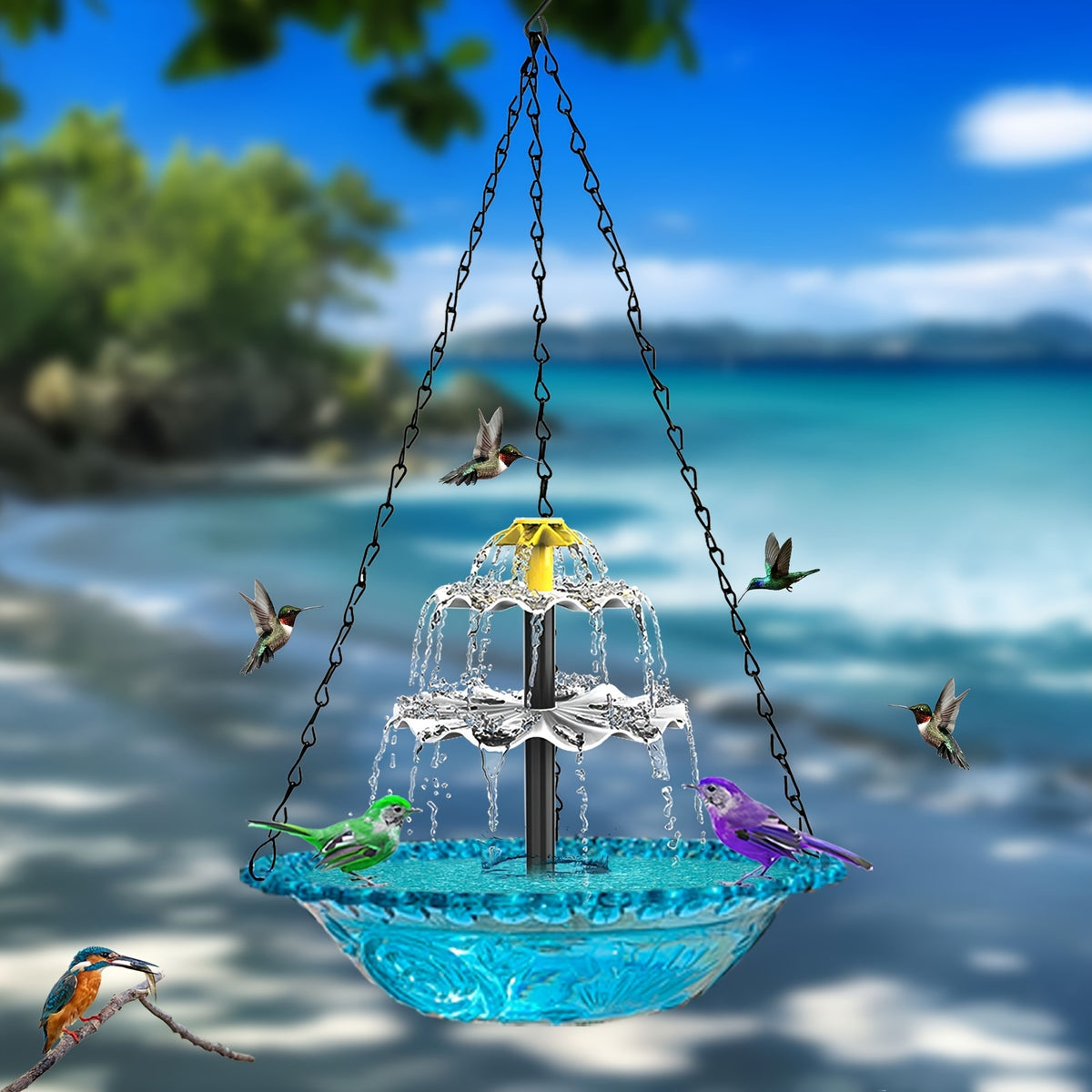 Solar Powered Bird Bath with 3-Tier Fountain Options, Detachable Recirculating Water Feature for Garden, Patio and Backyard Birdwatching
