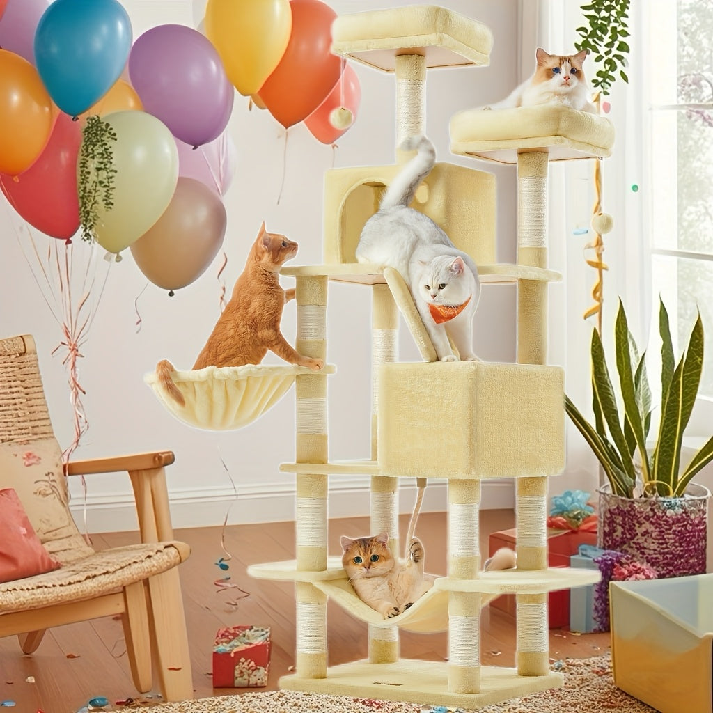 Cat Tree 66.1 Inch with 13 Scratching Posts, Five-Level Indoor Tower with Two Caves, Padded Perches, Basket, Hammock and Scratching Ramp